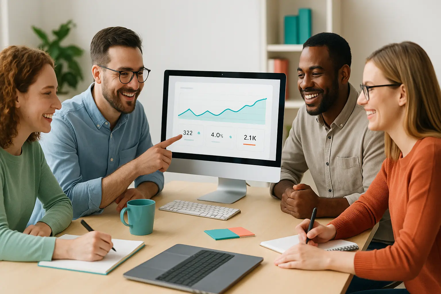 Small business team analyzing SEO performance metrics on a desktop dashboard showing traffic growth, conversion rate, and keyword results during a collaborative meeting