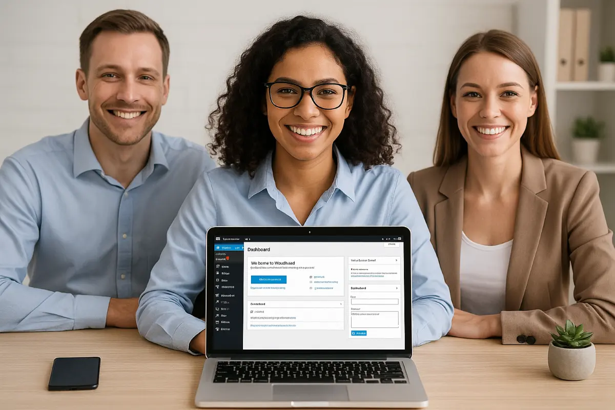 Three professionals smiling at a desk with a laptop displaying a business dashboard in a modern office setting