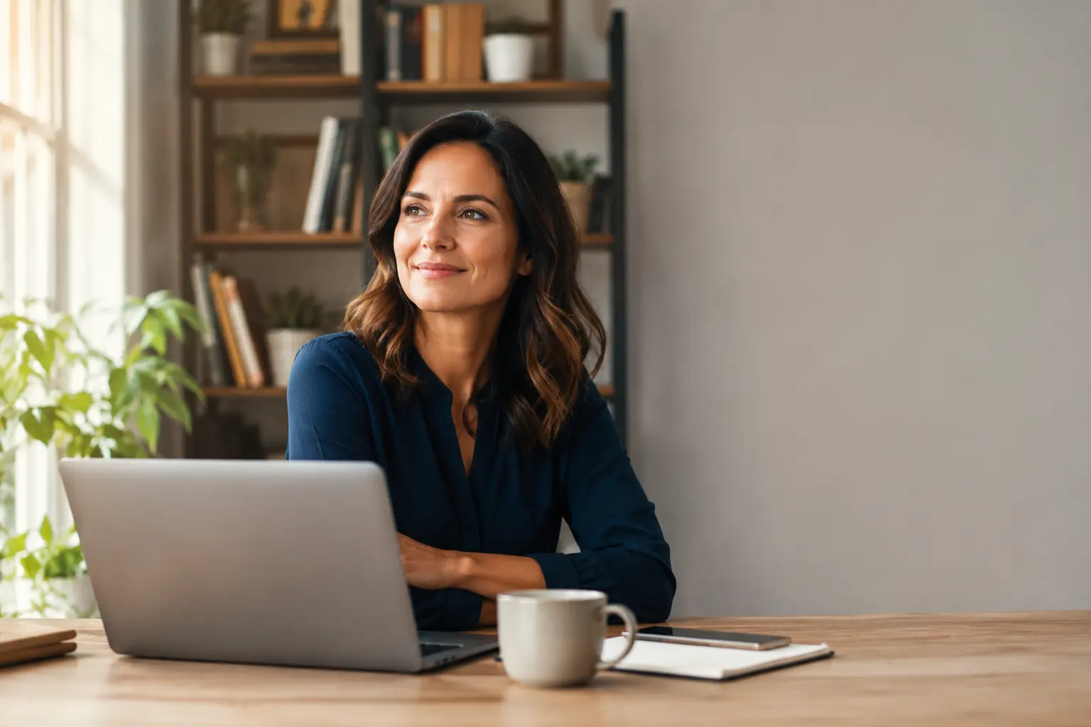 Confident small business owner relaxing at her desk, satisfied with her high-converting website