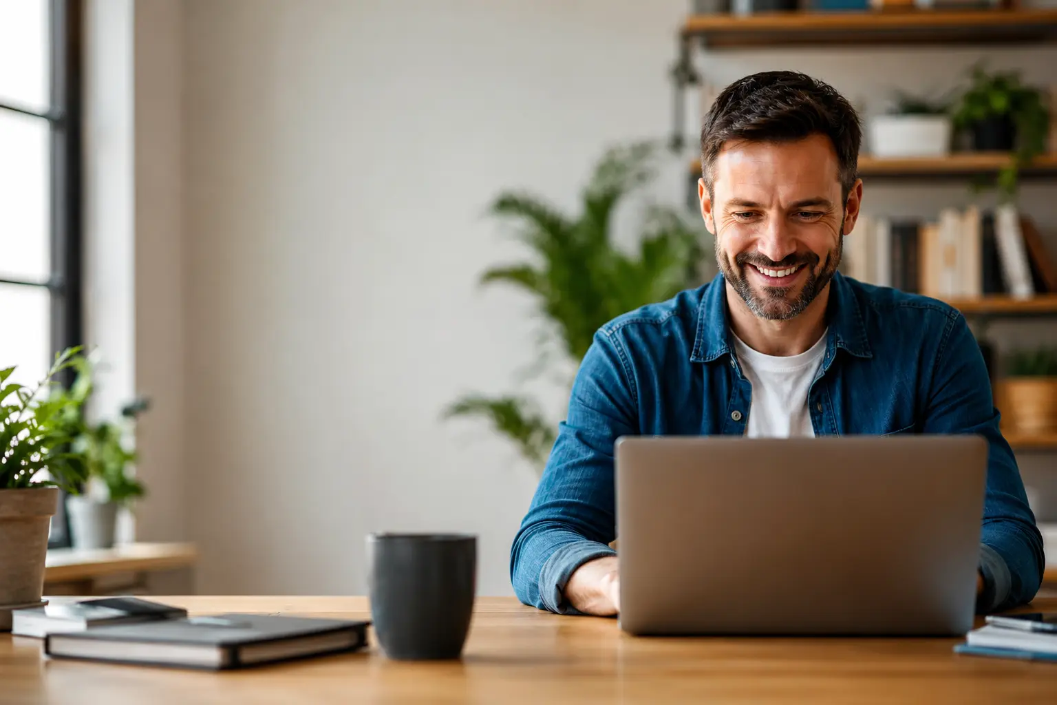 Happy small business owner working on his laptop, pleased with his high-converting WordPress website